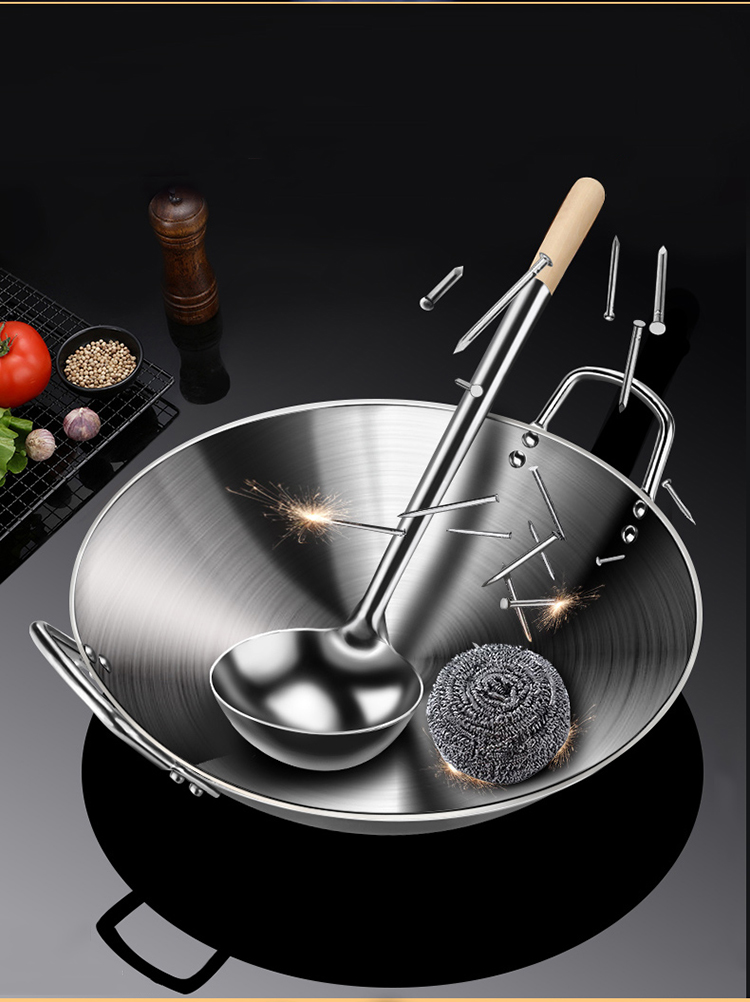 不锈钢炒锅双耳炒菜锅饭店厨师煤气灶圆底大号大锅不锈钢双耳炒锅47cm