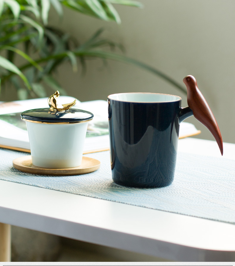 凯斯唯嘉霁蓝白瓷马克杯带过滤杯垫水杯办公杯主人杯泡茶杯情侣对杯