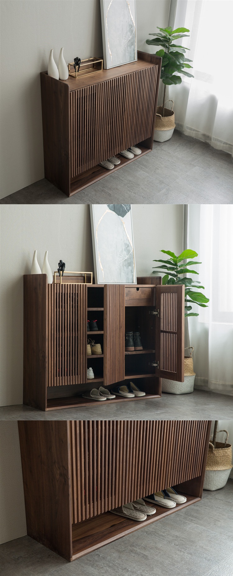北欧实木黑胡桃格栅鞋柜ciaa厅隔断柜简约日式橡木口进玄关鞋架