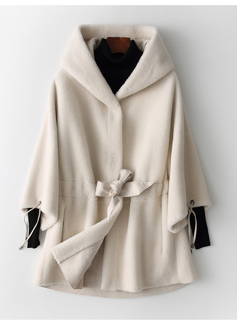 憨厚皇后2019海宁春季新款羊毛皮大衣女中长款连帽羊剪毛外套w