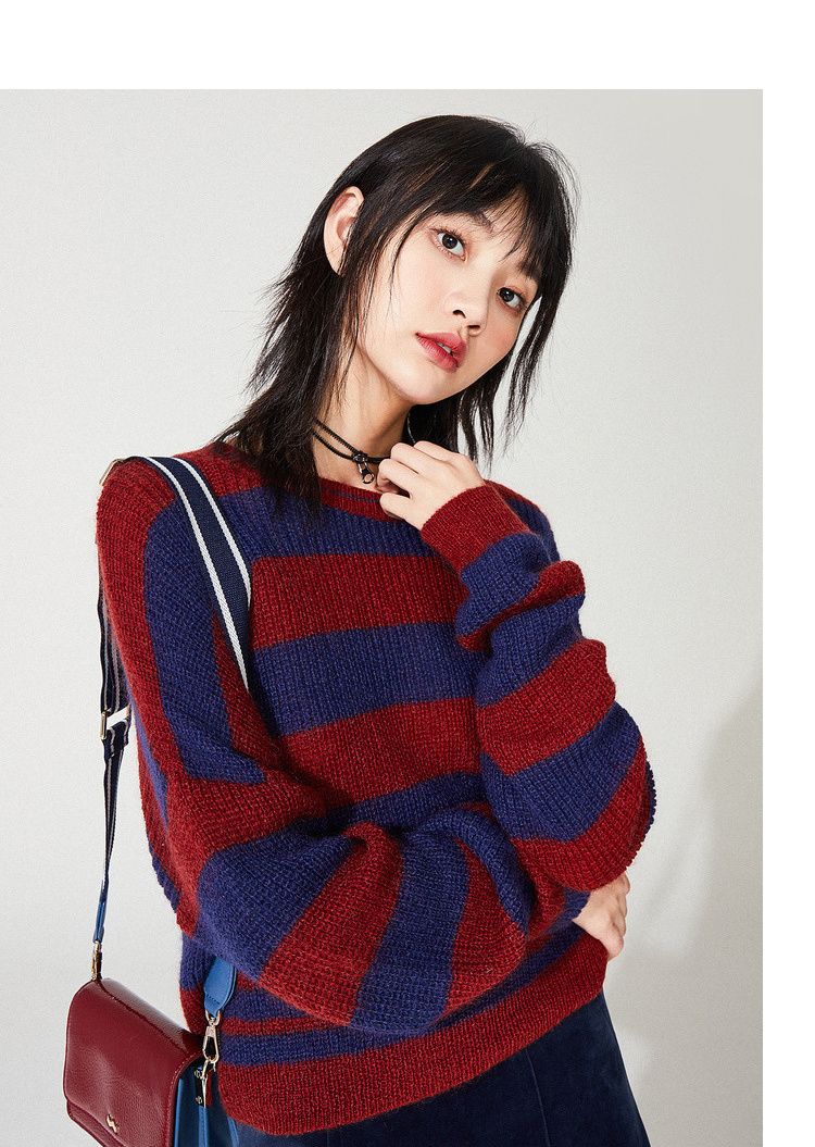 太平鸟条纹毛套衫女2019秋季新款圆领长袖毛衣短款宽松休闲上衣女