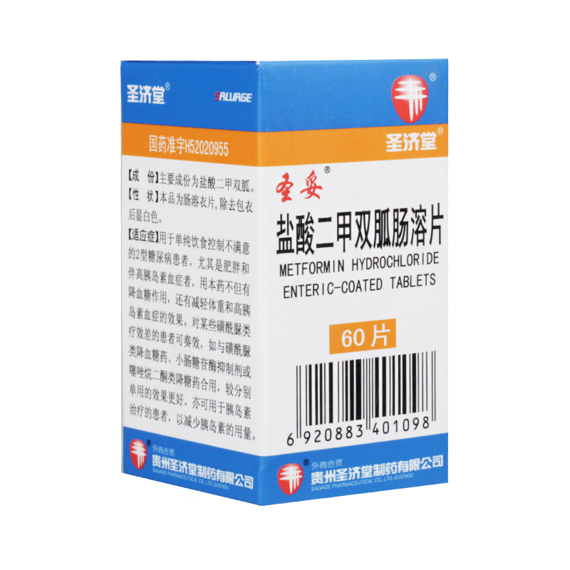圣妥盐酸二甲双胍肠溶片025g60片1瓶盒