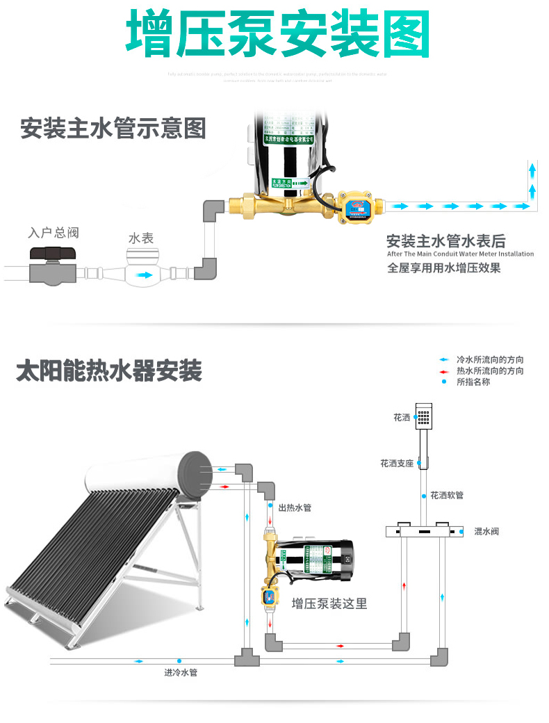 增压泵家用全自动自来水太阳能热水器小型水泵管道加压泵220v静音