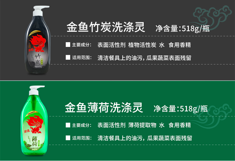 金鱼(gold fish)洗涤清洁用品 金鱼洗洁精小瓶海盐薄荷竹炭组合体验装