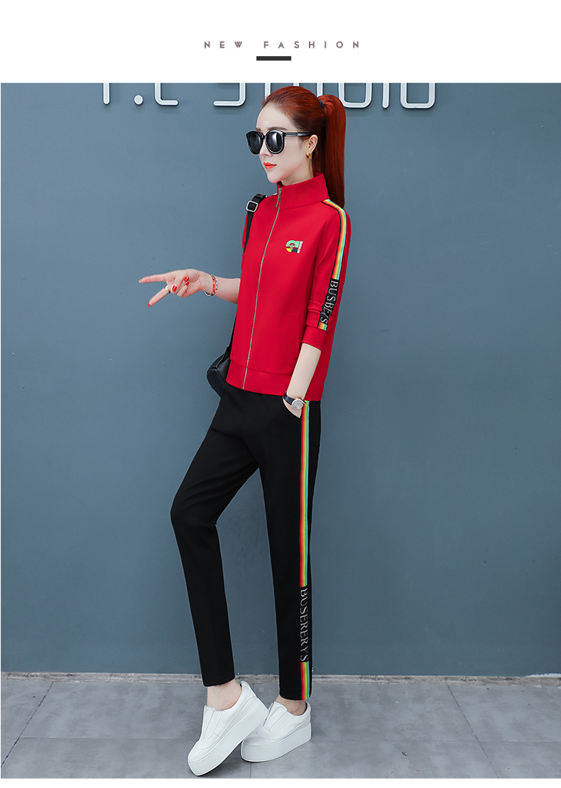 运动套装女2020春季新品时尚休闲大码两件套女运动服套装开衫立领修身