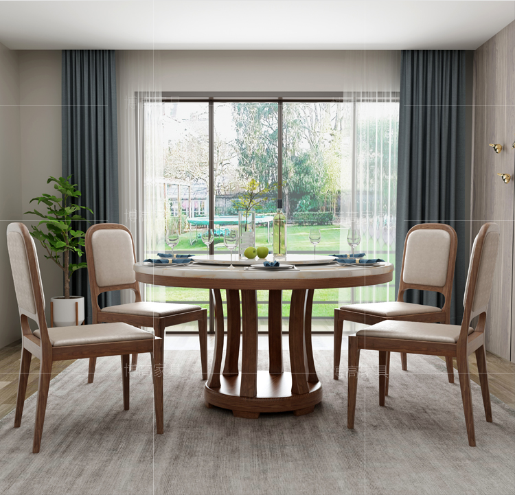 北欧大理石餐桌 现代简约实木圆桌8人家用圆形餐桌椅组合带转盘