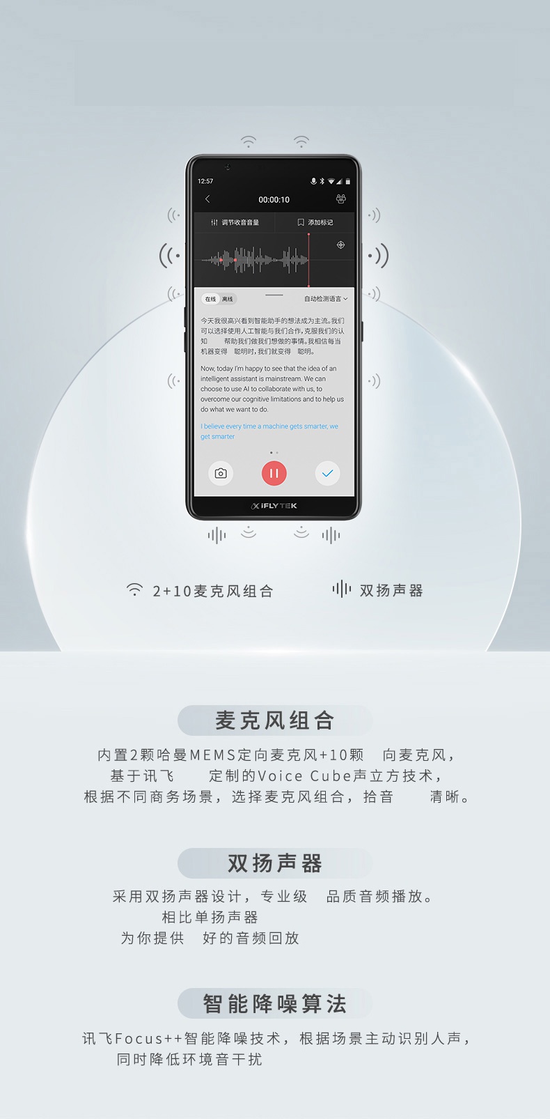 科大讯飞录音笔sr901讯飞录音笔专业高清降噪智能录音转文字便携免费