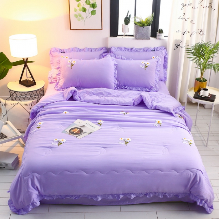 红商场同款水洗棉夏被毛巾绣四件套夏凉被简约空调被15m公主风单双人