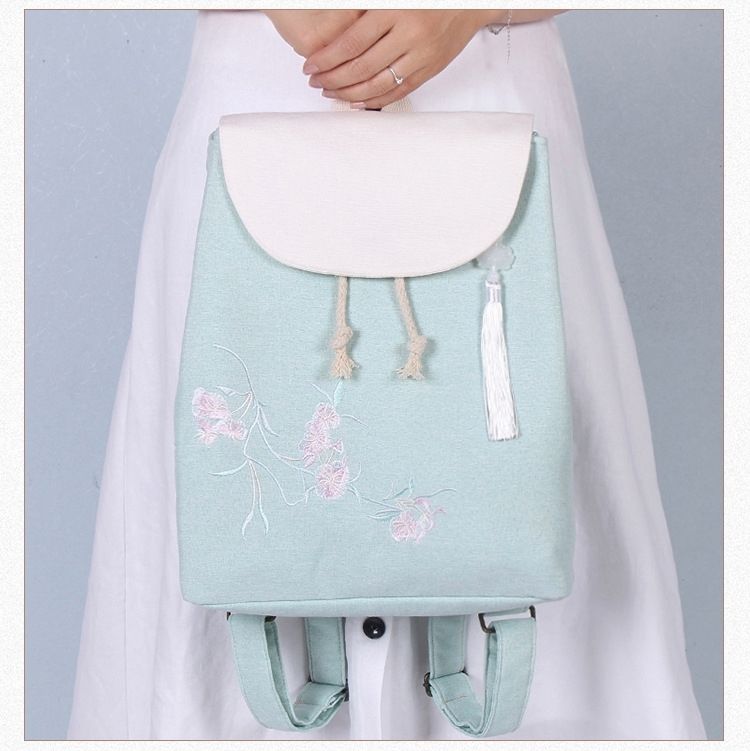 古风书包女复古中国风文艺双肩包背包学生书包民族风双肩包浅蓝送莲花