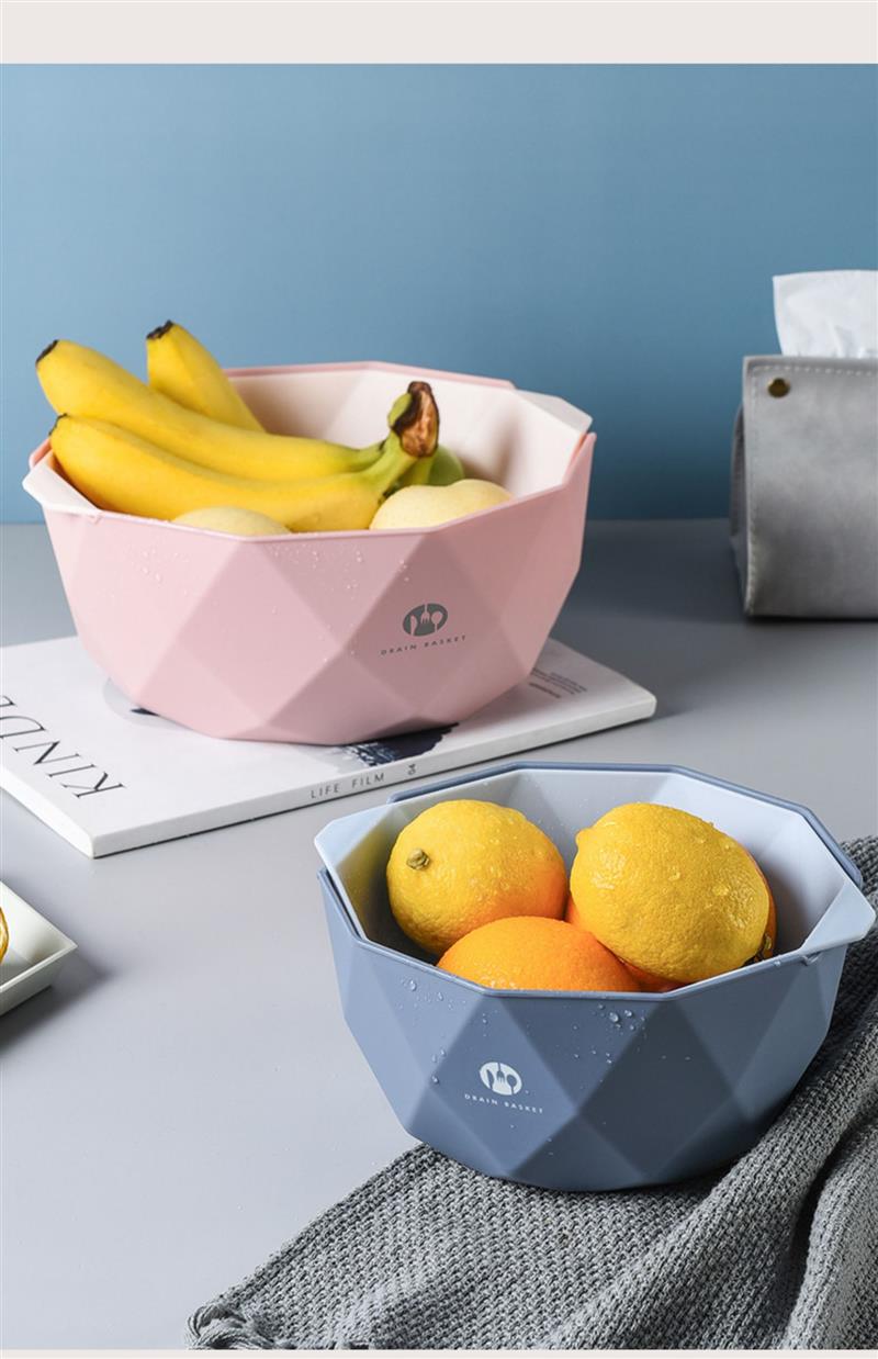 水果盘北欧创意网红沥水篮双层客厅家用洗菜篮子现代淘米神器大号蓝色