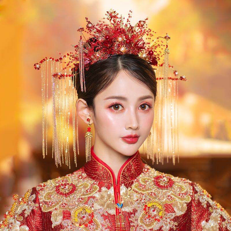 步摇凤冠古风禾服饰品中式大气秀禾服发饰结婚女秀禾头饰d08凤冠耳坠