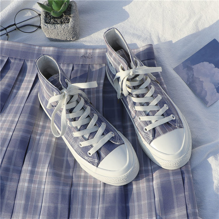 2021新款jk格子高帮帆布鞋女日系夏季学生百搭复古港风板鞋ins潮