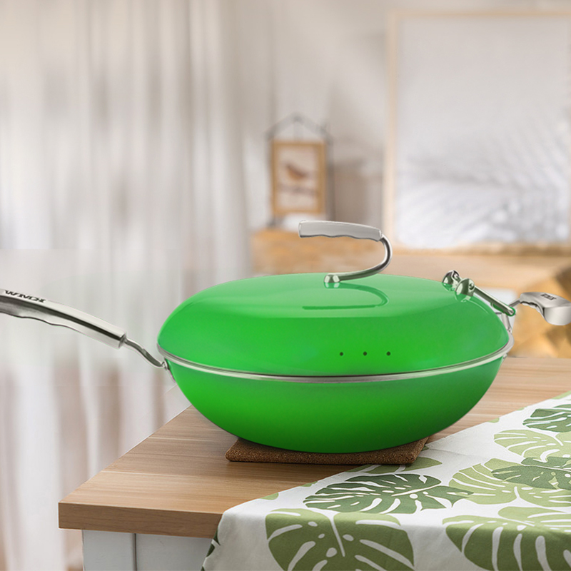 kmw炒锅绿鼎炒锅苹果绿gpotl1110304不锈钢绒光工艺创新支架可立锅盖