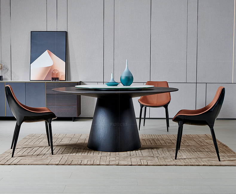 意式极简实木餐厅饭桌带岩板转盘135米15米现代圆形餐桌椅组合