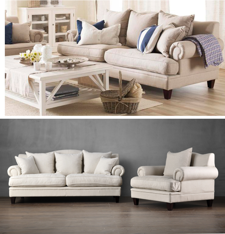 hc美式乡村布艺沙发组合扶手搭布单双三人位休闲羽绒沙发