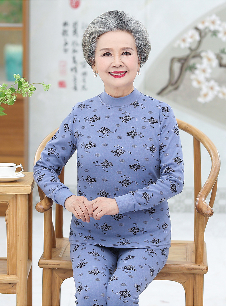 中老年妈妈装全棉毛衫秋衣秋裤套装60岁70老人奶奶半高领保暖内衫